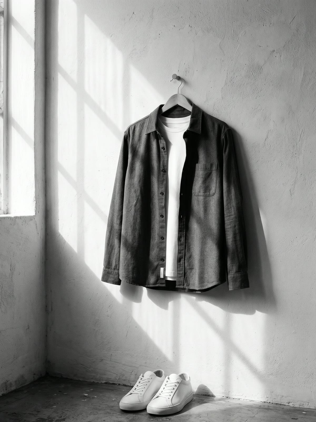 Sobrecamisa escura e camiseta branca num cabide, com um tênis branco no chão e a luz da janela na parede, em preto e branco